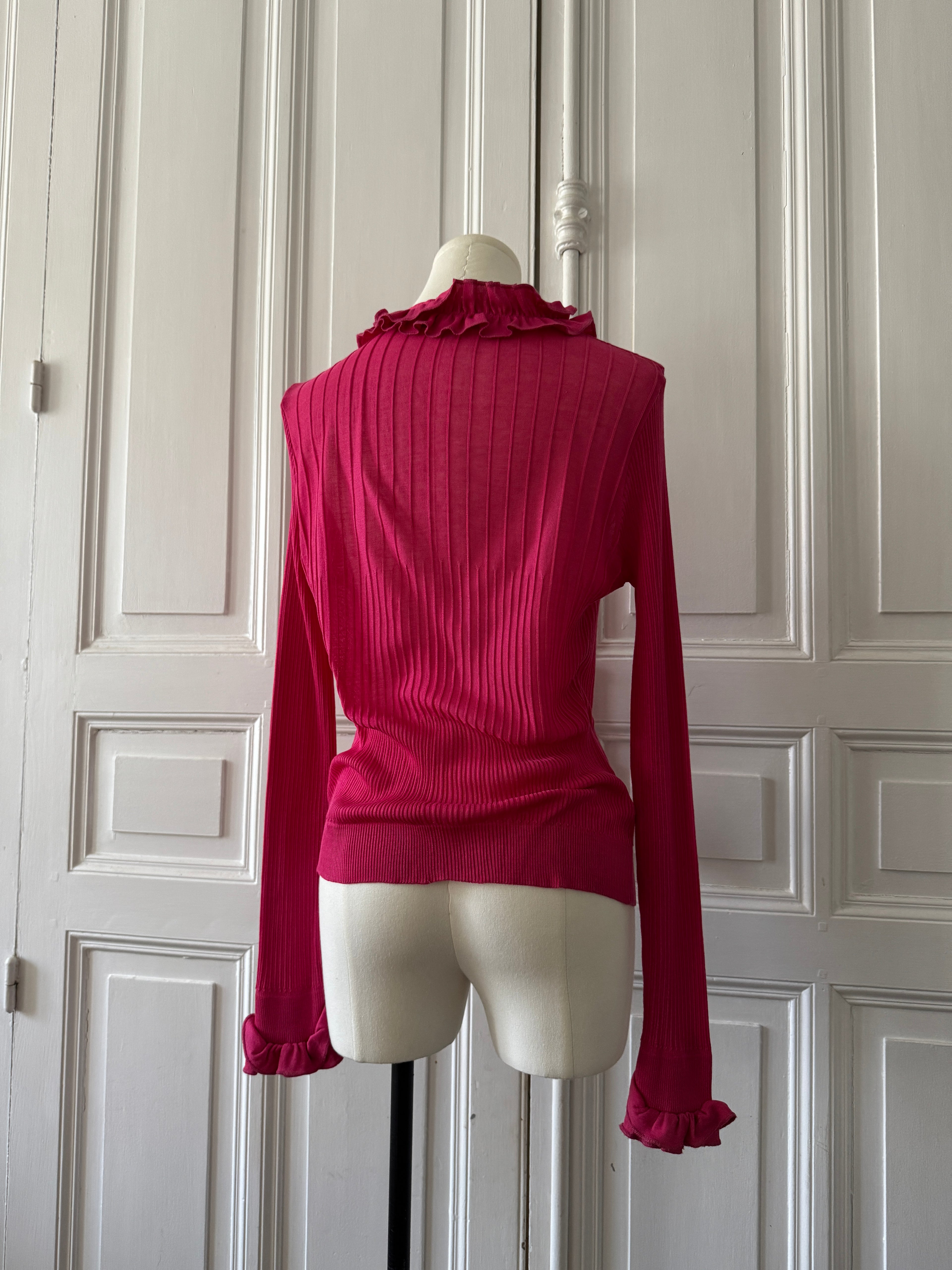 ANNE FONTAINE Cardigan en maille légère fuschia à volants taille 44
