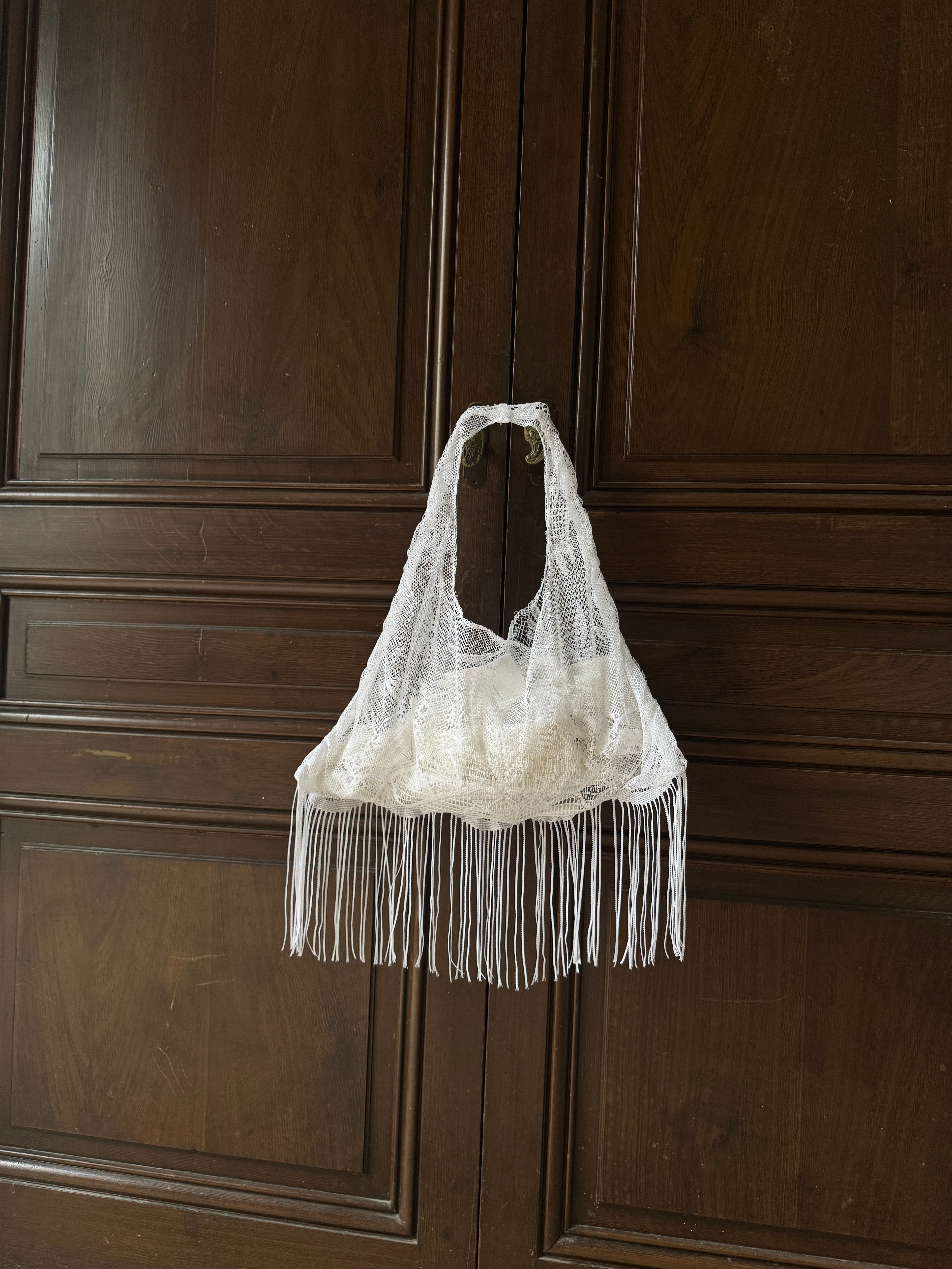 Sac à main Voilage Dentelle Upcyclé- Modèle "Mémoire"- Triangle - Transparent + franges
