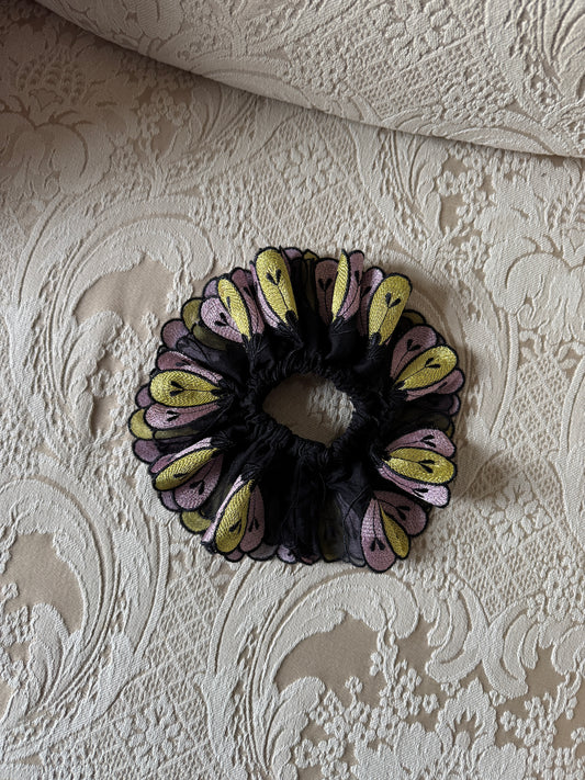 Chouchou ornemental couture - Modèle "AURA"- Organza de fleurs brodées